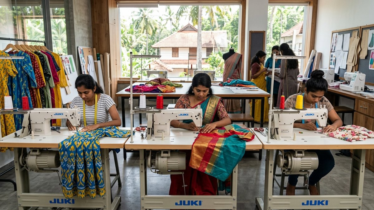 Fashion design students working on sewing machines at iidfashion.com Edavannappara